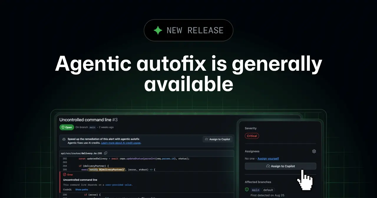 GitHubのコードスキャンアラート画面で「Uncontrolled command line」という警告に対して「Assign to Copilot」ボタンが表示されているスクリーンショット