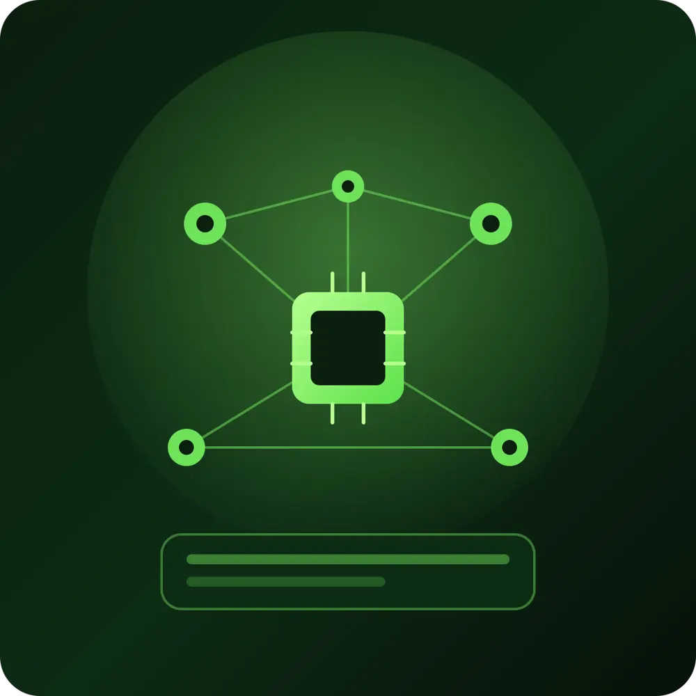 緑を基調としたダークな背景に中央のAIチップアイコンが複数のノードとネットワークで接続されているイラスト