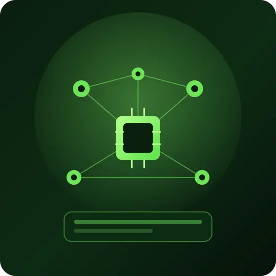 ダークグリーンを基調にした背景に、中央のAIチップアイコンが複数のノードとネットワークで接続されているイラスト