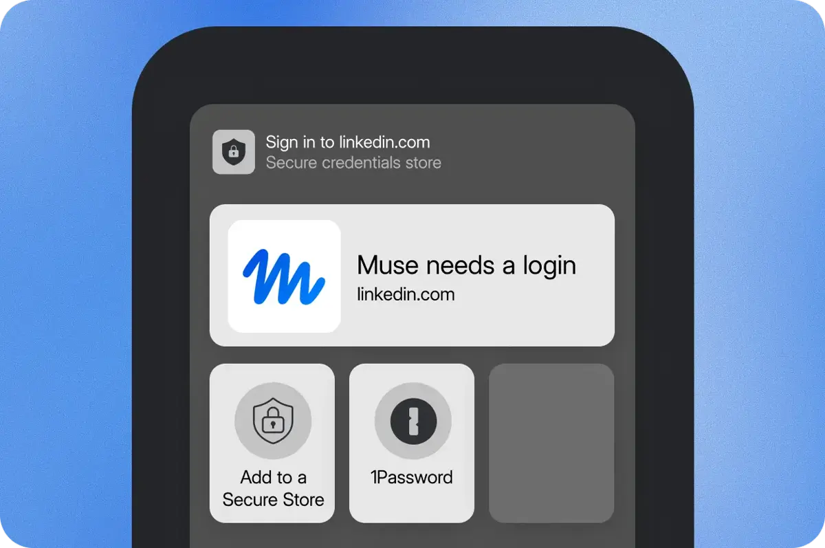 スマートフォンの画面に「Muse needs a login」という通知が表示され、1Passwordのアイコンを選べる様子を示したスクリーンショット
