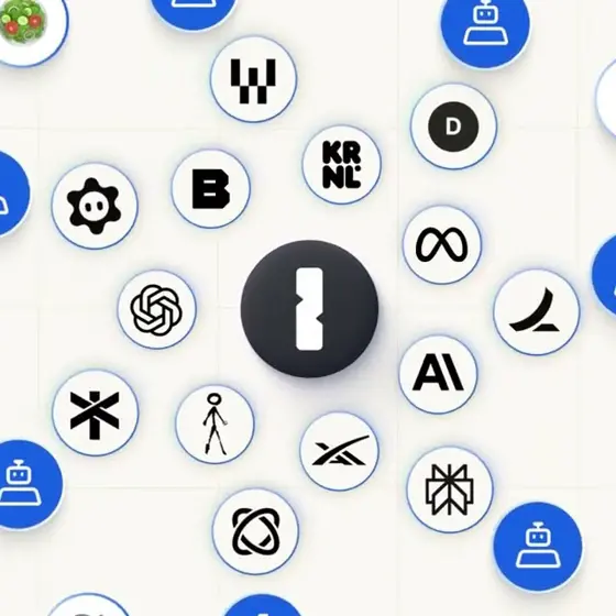 クリーム色の背景に多数のアプリアイコンが円形に並び、中央に1Passwordのロゴマークが配置されたイメージ画像