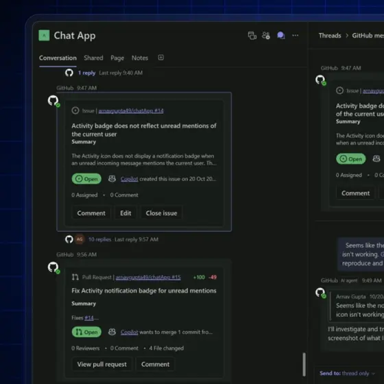 チャットアプリの会話画面とGitHubの通知スレッドを並べて表示したダークテーマのUIスクリーンショット