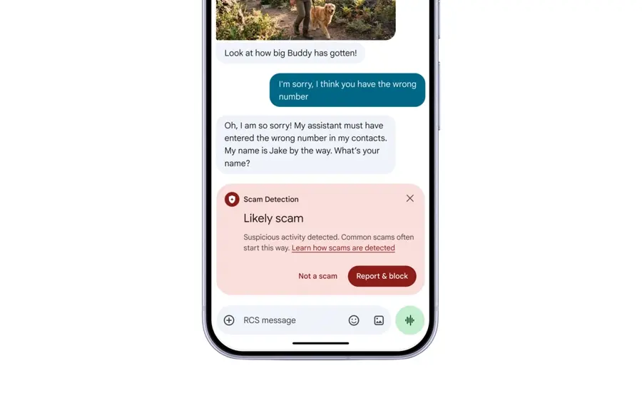 スマートフォンの画面に表示された、見知らぬ相手とのやり取りで「詐欺の可能性」と警告するメッセージアプリの通知画面